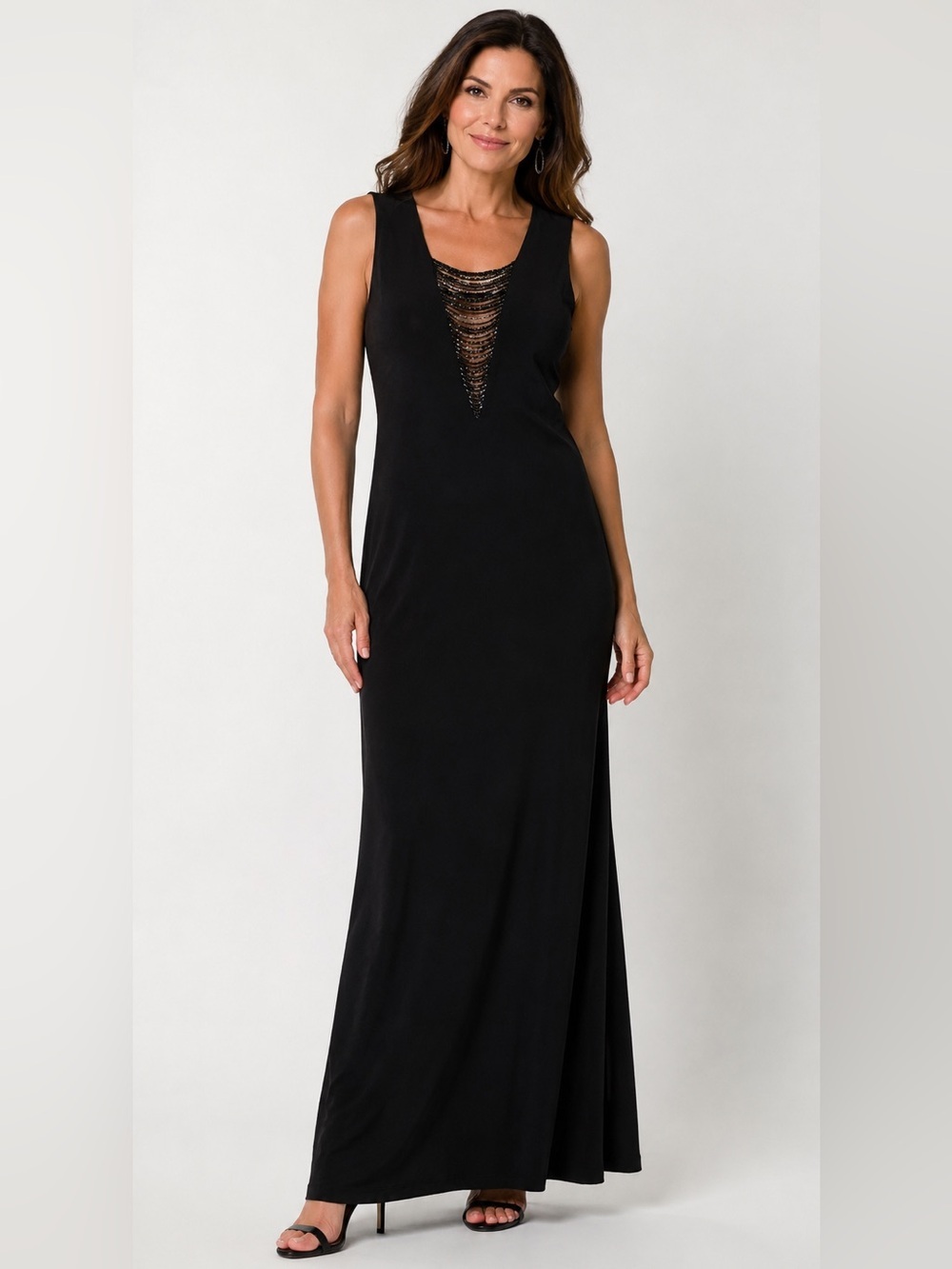 Frank Lyman Design Beaded Front Black Sleeveless Maxi Dress Size 12